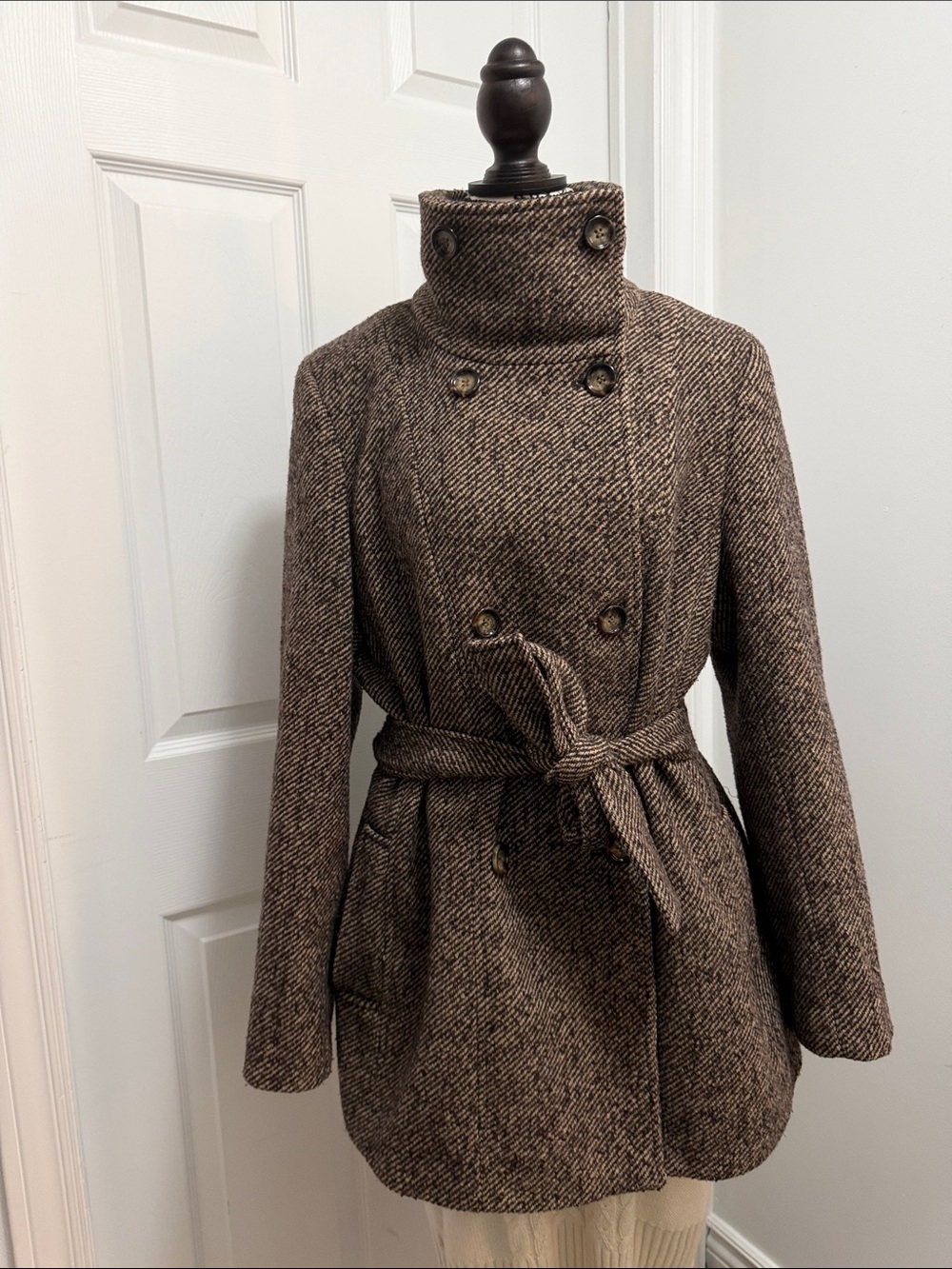 Calvin Klein Brown Herringbone Double-Breasted Peacoat with Belt